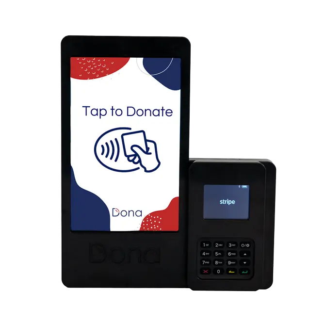 Black donation terminal with keypad and easy to tap screen