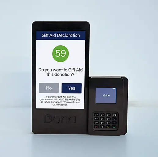 Card payment machine in black with gift aid options