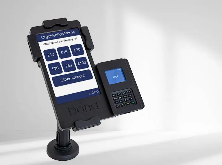 Side view of a countertop contactless donation terminal