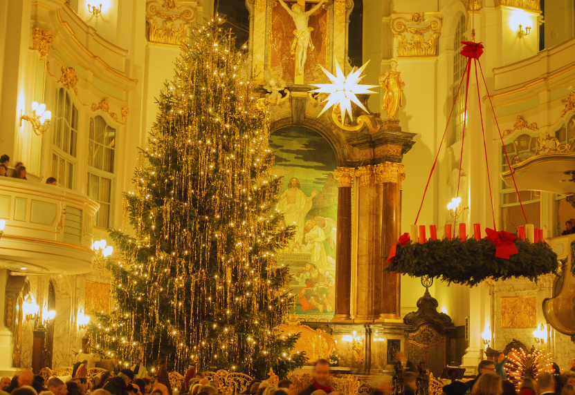 Christmas fundraising event at a church with tress and lights