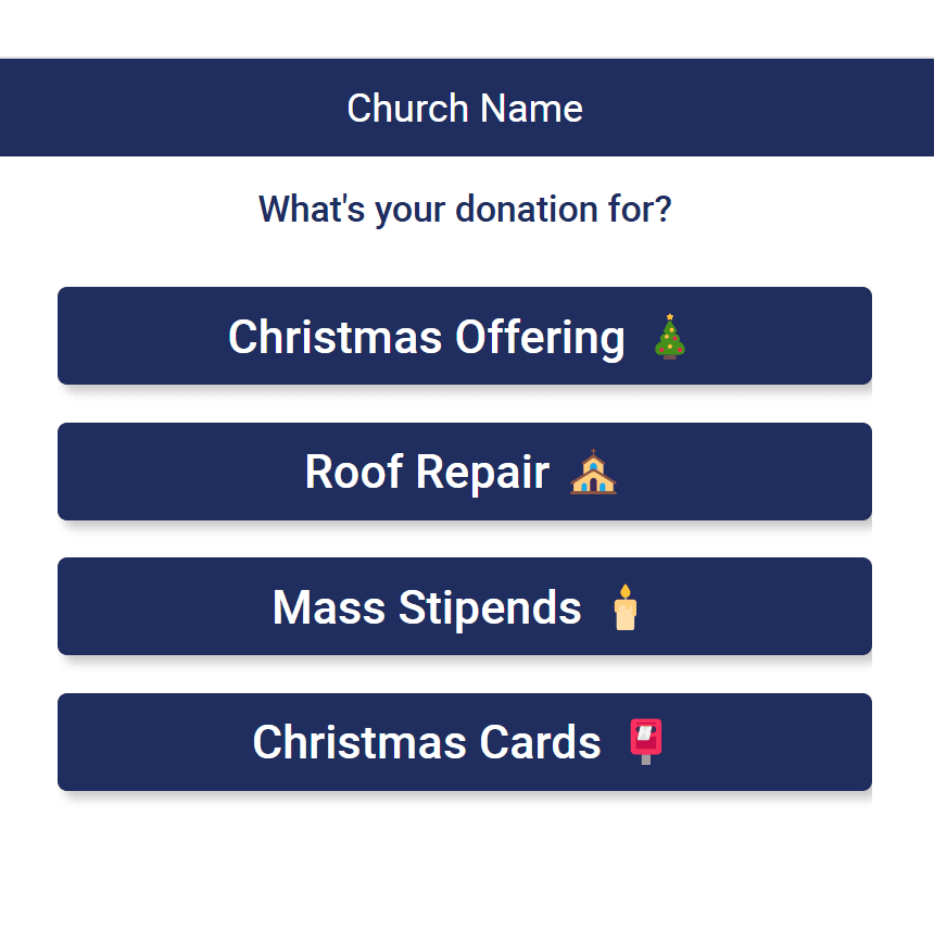 Screenshot of funds where you can donate to a church