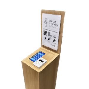 Custom donation terminal stand in wood with clear background