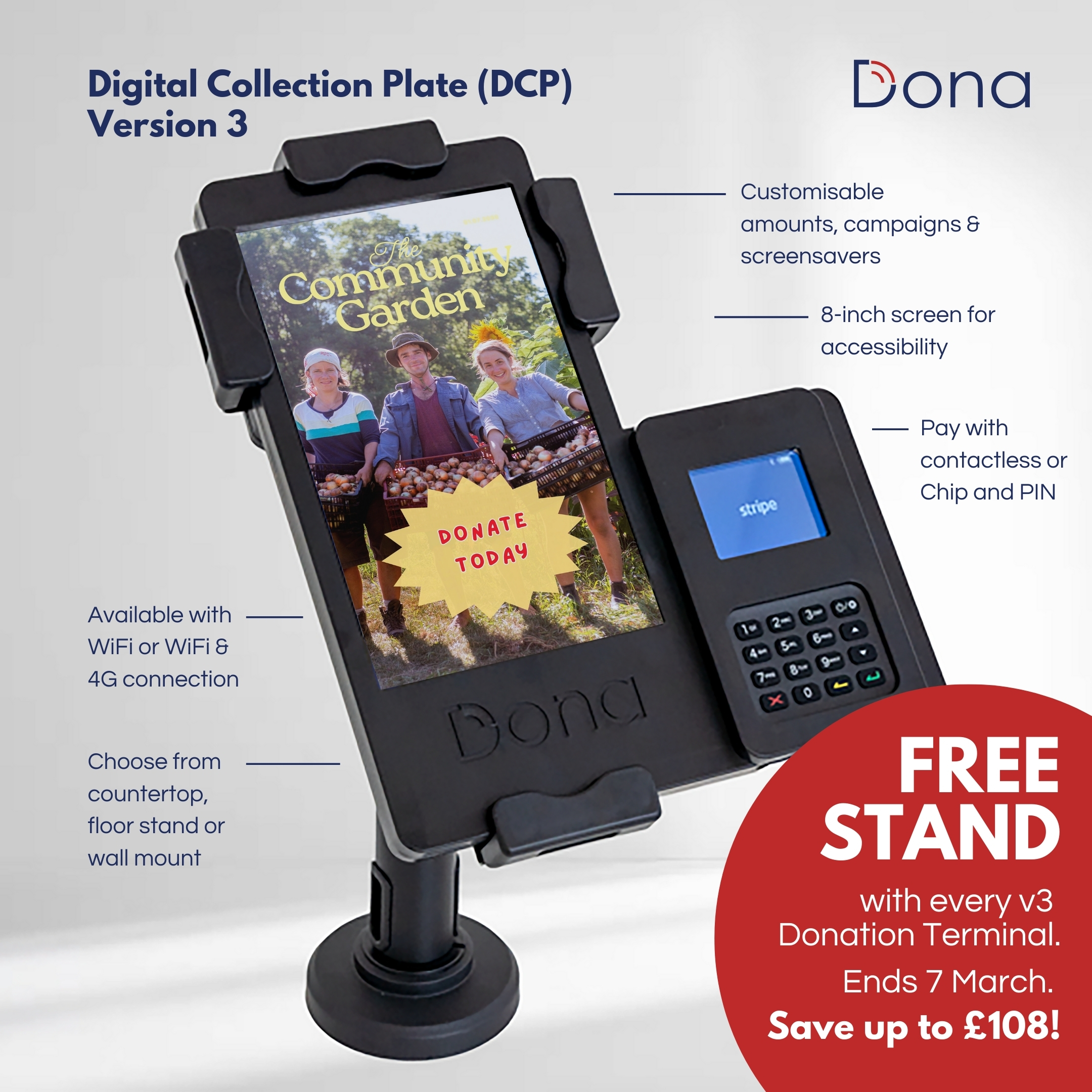 Free stand with contactless donation terminal