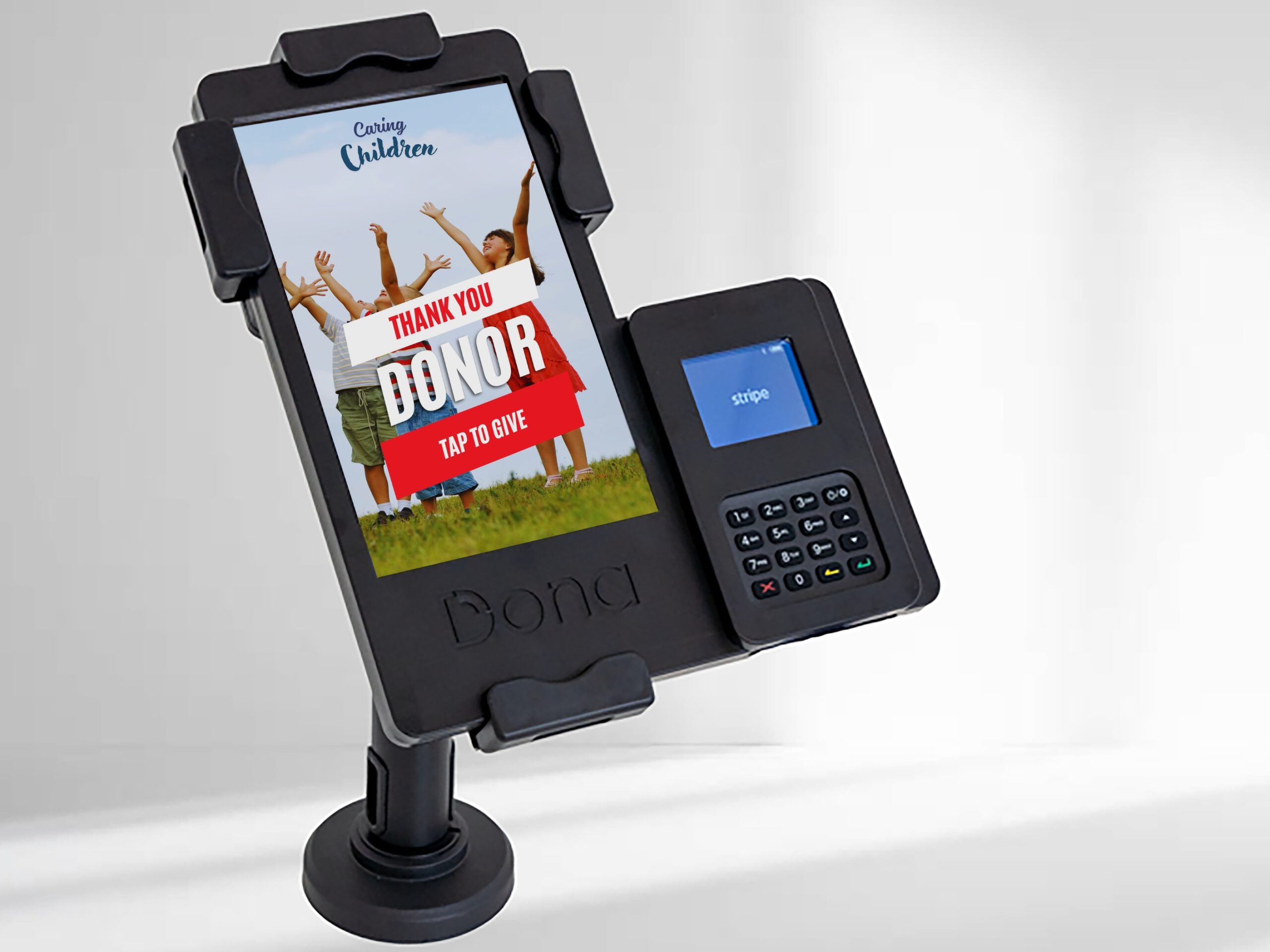 A screensaver on a donation terminal that can be mounted on a counter