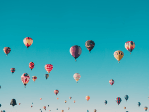 Hot air balloons in the blue sky for a festival event