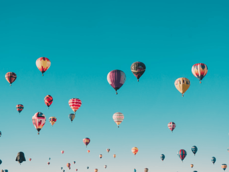 Hot air balloons in the blue sky for a festival event