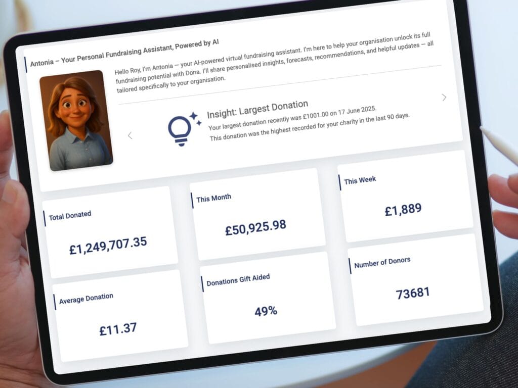 Tablet screed showing antonia who is donas virtual ai assistant for fundraising