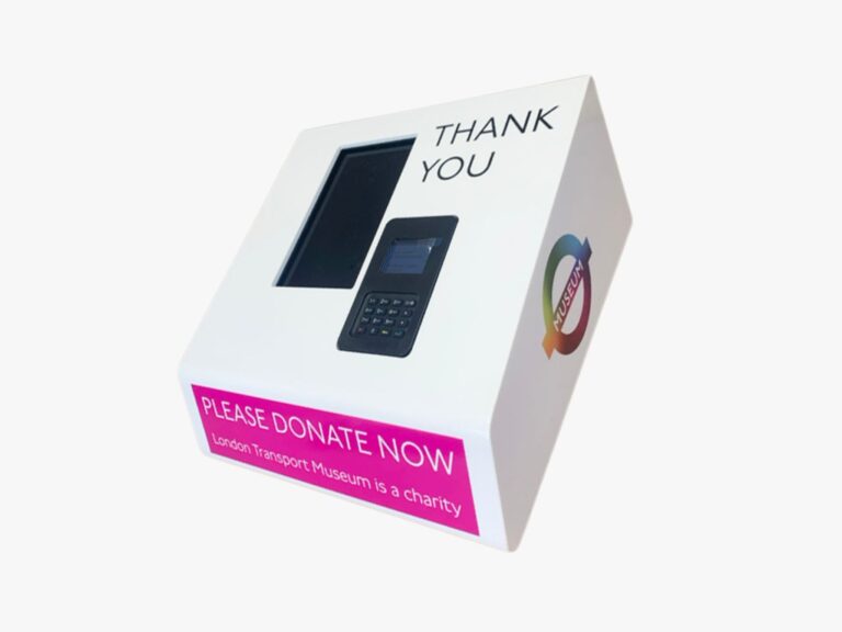 Card machine and donation box for charity fundraising - plints and custom stands kiosks for museums